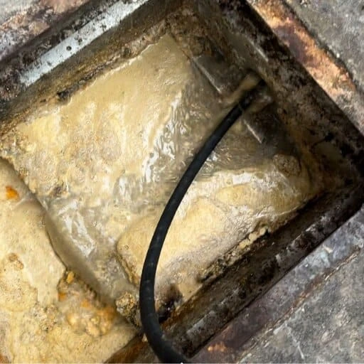 Tecnico realizando limpeza de caixa de gordura com equipamento especializado